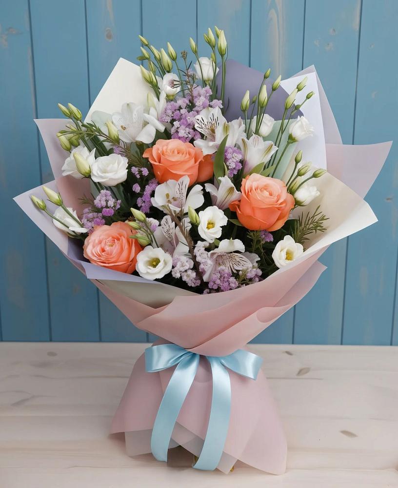 Букет цветов из: Лизиантусы, Розы, Альстромерии и Гипсофила в Шаркан