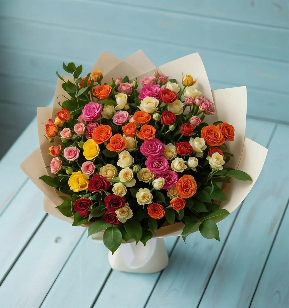 Букет Микс из разноцветных кустовых роз в Шаркан