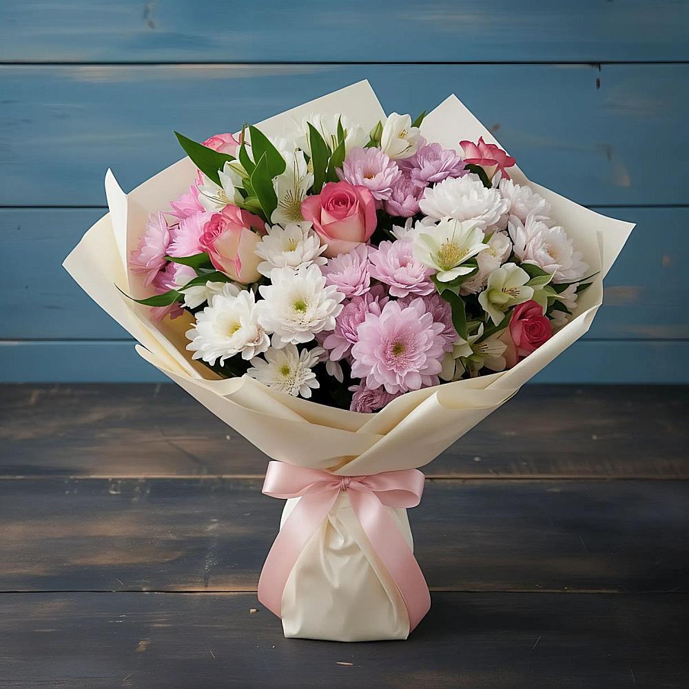 Букет цветов из: Хризантемы, Альстромерии и Розы в Шаркан